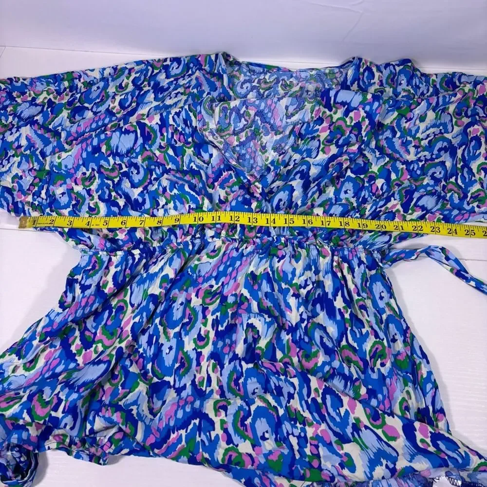 NWT Cupshe Blue Pink Green Abstract Print V-neck Drawstring Swim Romper XL 1251